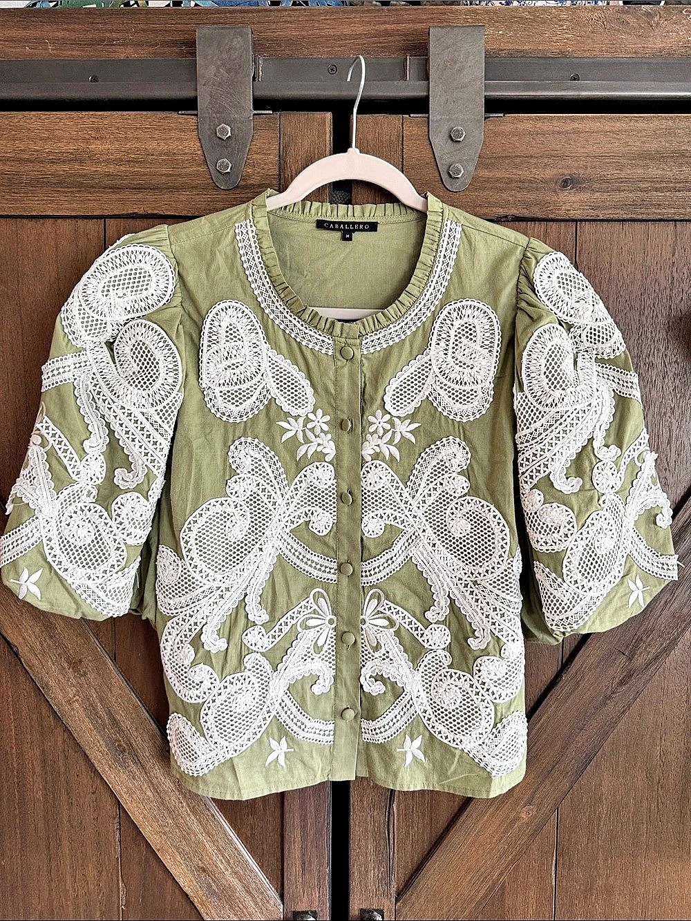 Caballero Miki Top in Loden Green Lace Green & White Size Medium